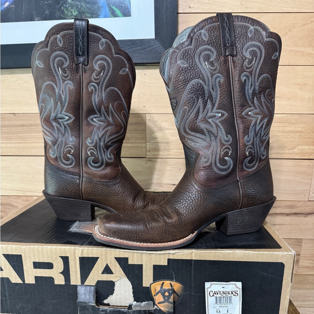 Ariat Brown Leather Cowboy Boots with teal Stitching